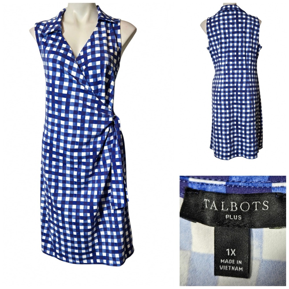 Talbots Plus Blue White Gingham Check Sleeveless Wrap Dress 1X Plus Size